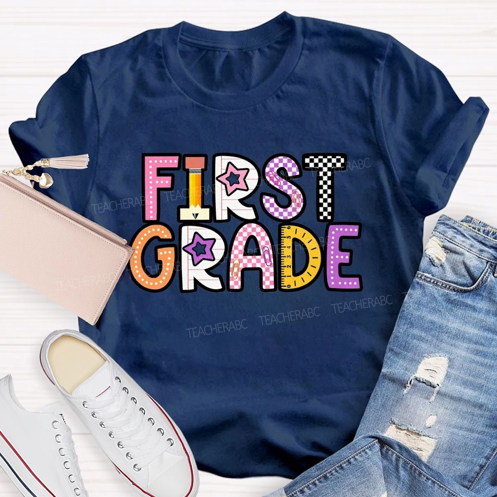 Personalized Grade First Grade Stationery Letter Design Teacher T-shirt