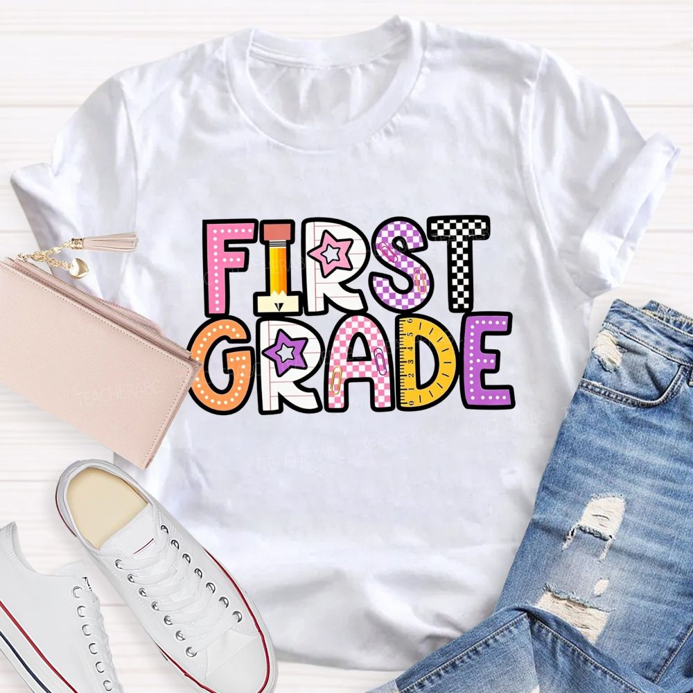 Personalized Grade First Grade Stationery Letter Design Teacher T-shirt