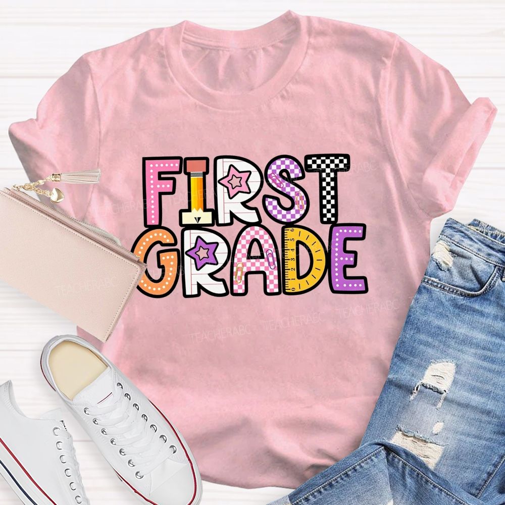Personalized Grade First Grade Stationery Letter Design Teacher T-shirt