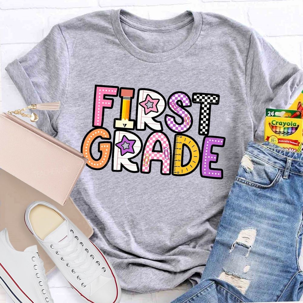 Personalized Grade First Grade Stationery Letter Design Teacher T-shirt