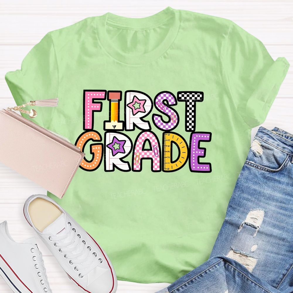 Personalized Grade First Grade Stationery Letter Design Teacher T-shirt
