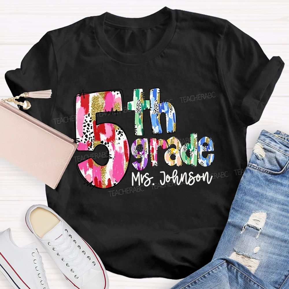 Personalized Name And Grade Watercolor Leopard Gold Glitter Doodle Letter Teacher T-shirt