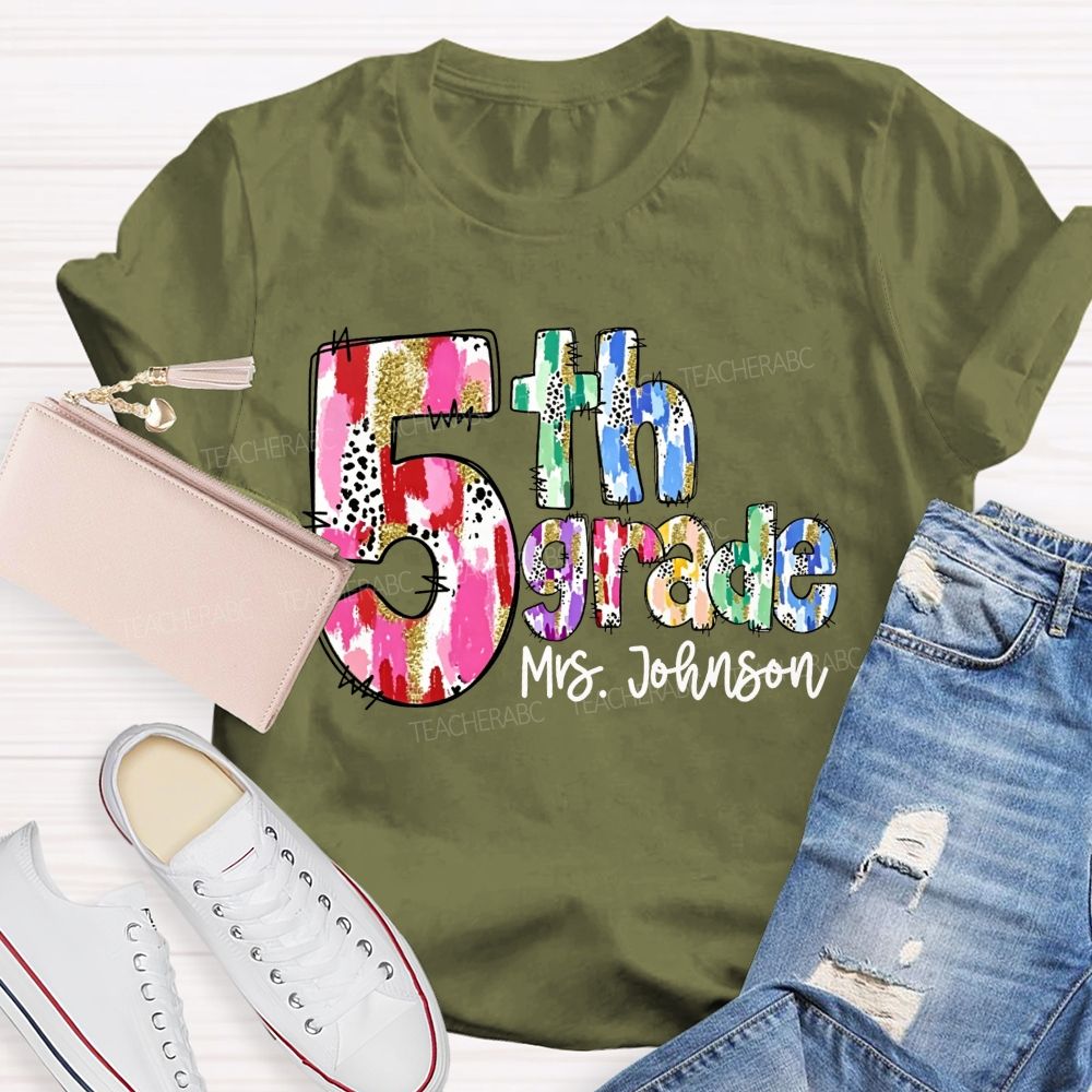 Personalized Name And Grade Watercolor Leopard Gold Glitter Doodle Letter Teacher T-shirt