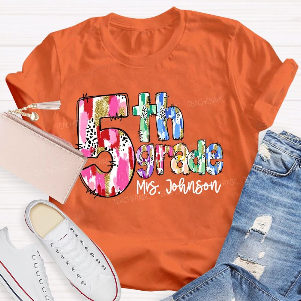 Personalized Name And Grade Watercolor Leopard Gold Glitter Doodle Letter Teacher T-shirt