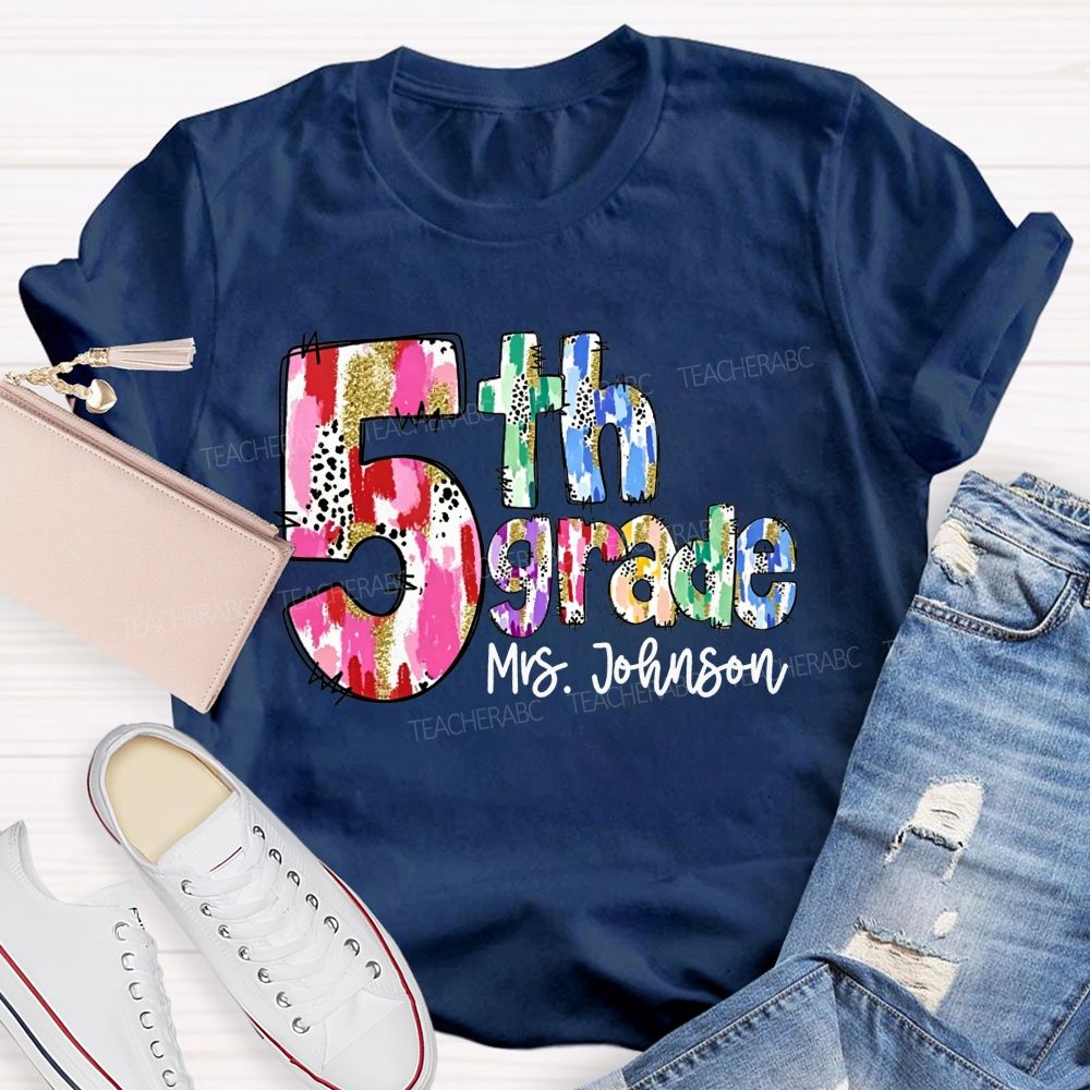 Personalized Name And Grade Watercolor Leopard Gold Glitter Doodle Letter Teacher T-shirt