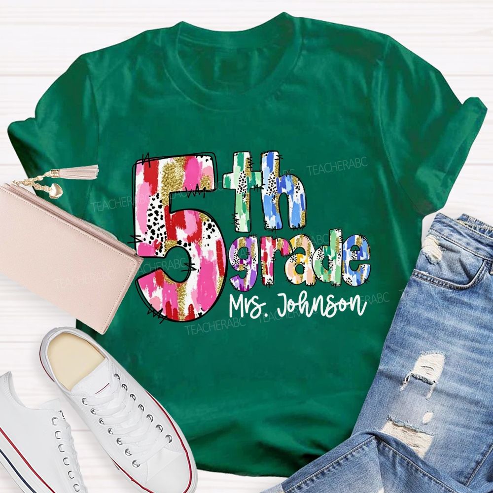 Personalized Name And Grade Watercolor Leopard Gold Glitter Doodle Letter Teacher T-shirt