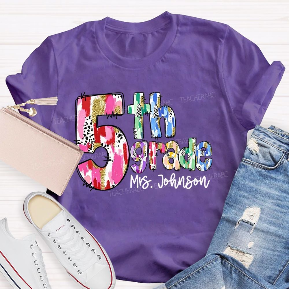 Personalized Name And Grade Watercolor Leopard Gold Glitter Doodle Letter Teacher T-shirt