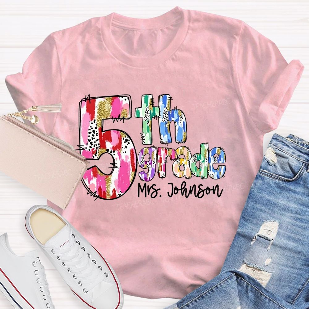 Personalized Name And Grade Watercolor Leopard Gold Glitter Doodle Letter Teacher T-shirt