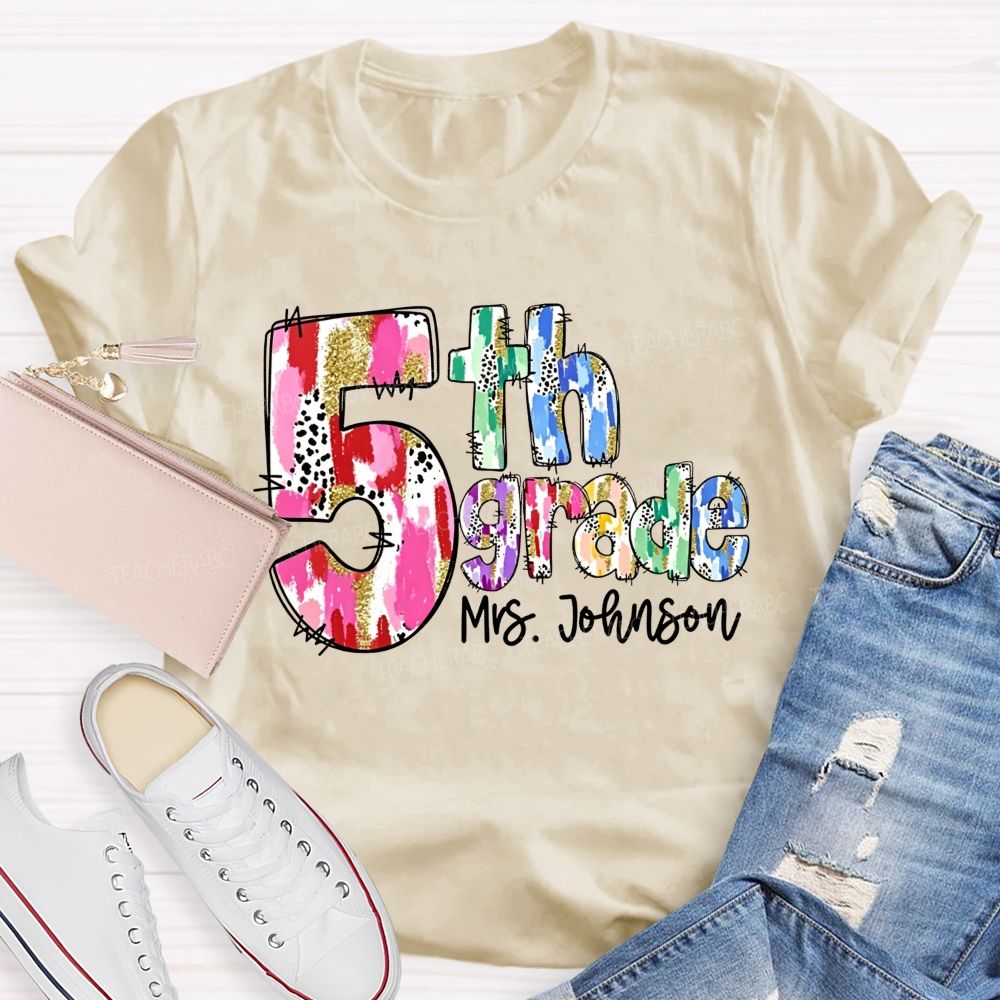 Personalized Name And Grade Watercolor Leopard Gold Glitter Doodle Letter Teacher T-shirt