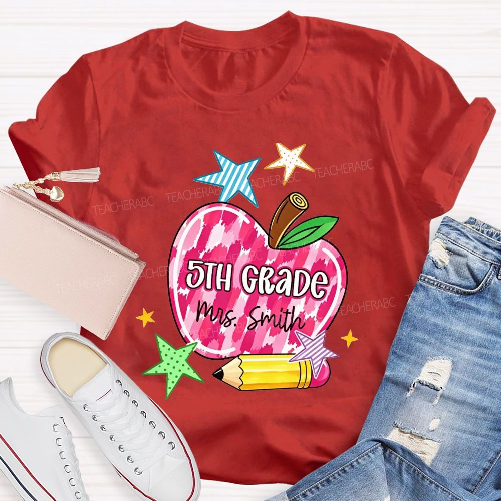 Personalized Name And Grade Watercolor Apple 5th Grade Star Pencil Teacher T-shirt