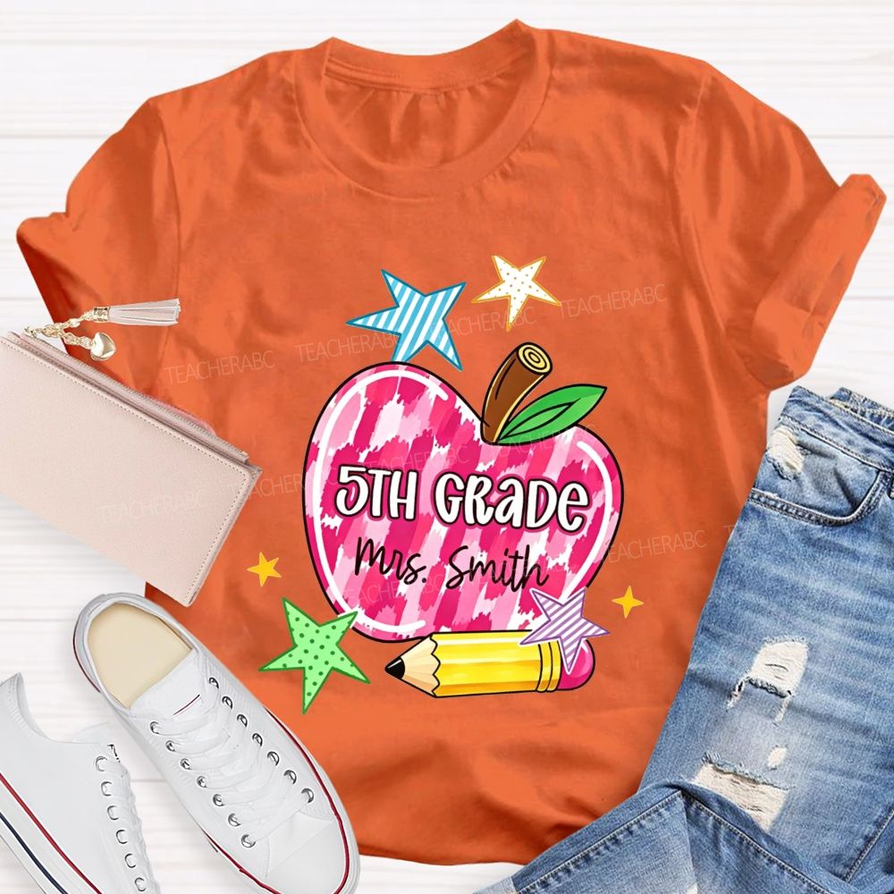 Personalized Name And Grade Watercolor Apple 5th Grade Star Pencil Teacher T-shirt