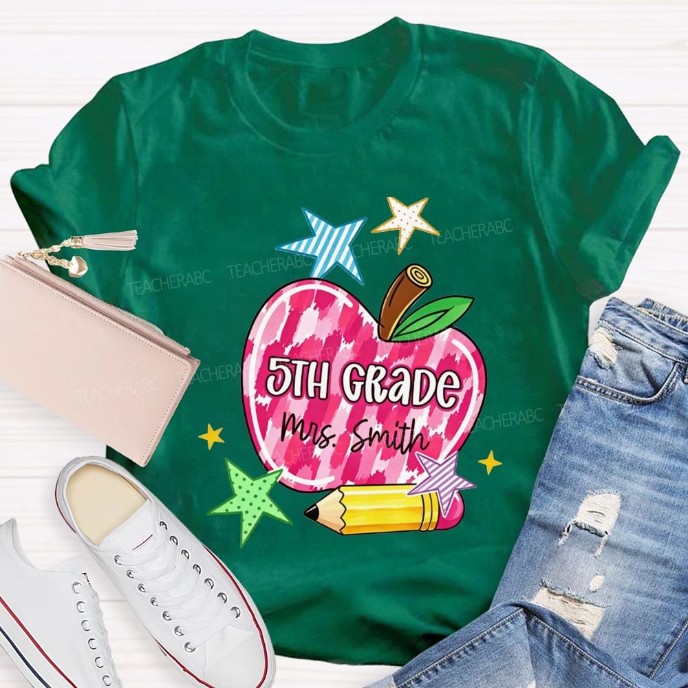 Personalized Name And Grade Watercolor Apple 5th Grade Star Pencil Teacher T-shirt