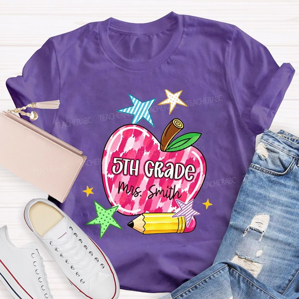 Personalized Name And Grade Watercolor Apple 5th Grade Star Pencil Teacher T-shirt