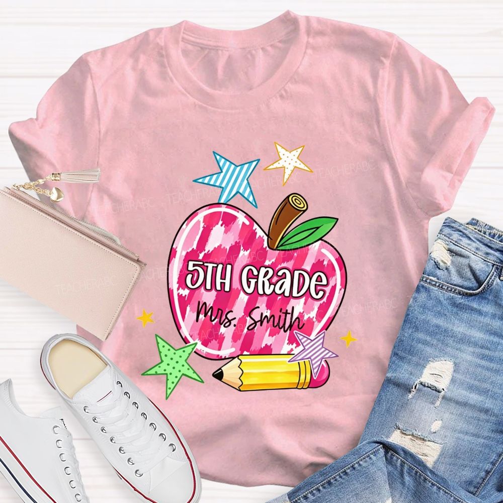 Personalized Name And Grade Watercolor Apple 5th Grade Star Pencil Teacher T-shirt