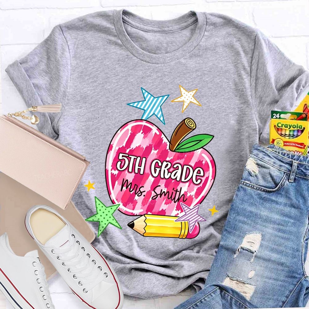 Personalized Name And Grade Watercolor Apple 5th Grade Star Pencil Teacher T-shirt