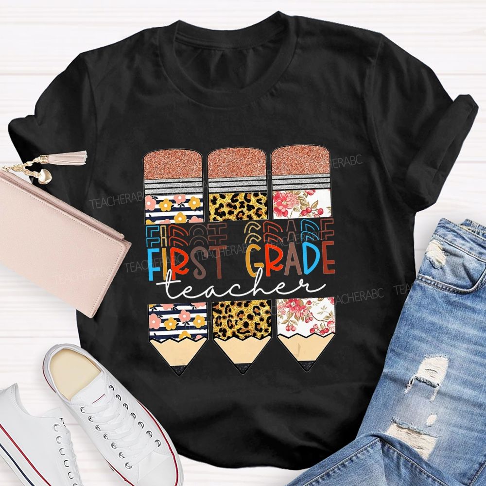 Personalized Grade Floral Leopard Pencils First Grade Teacher T-shirt