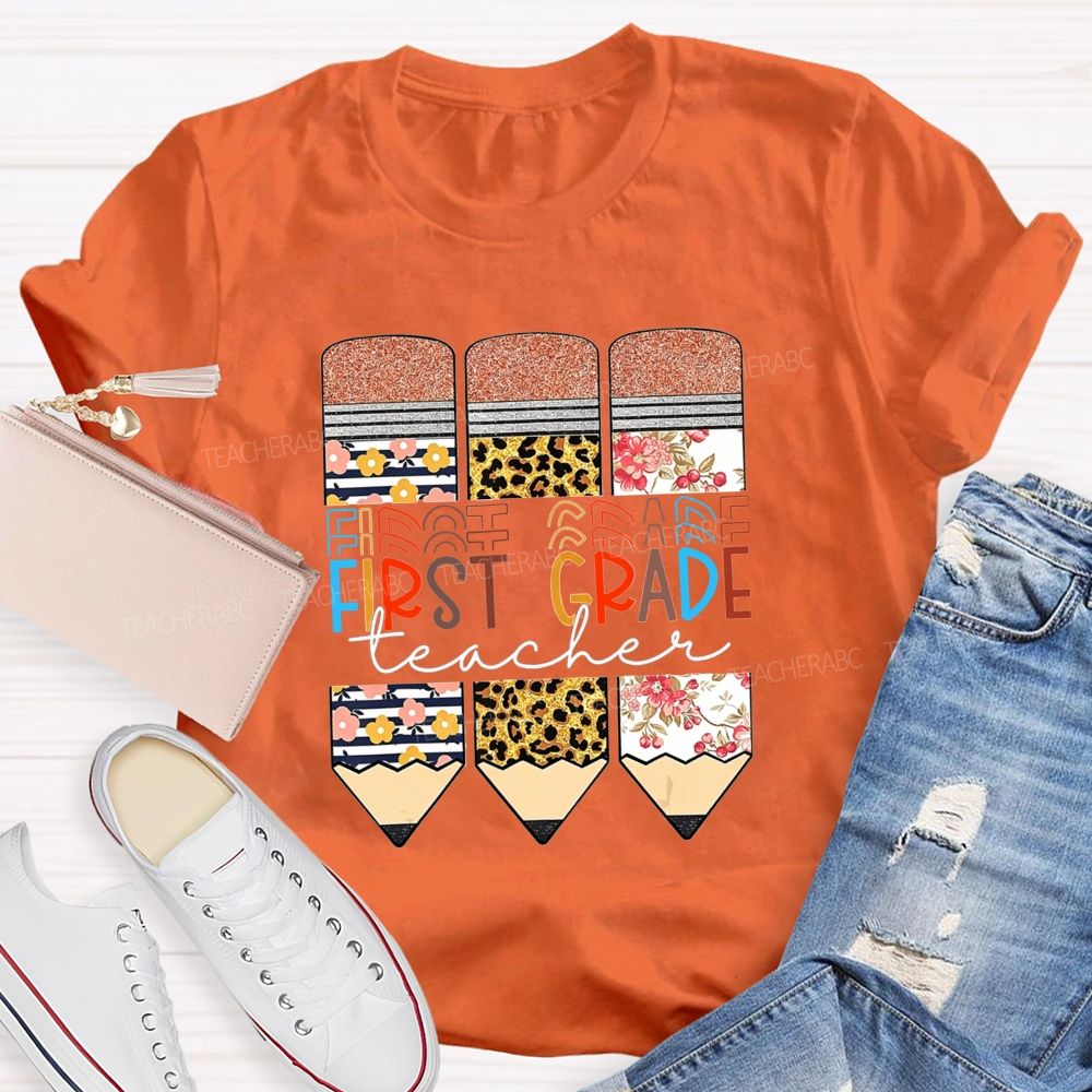 Personalized Grade Floral Leopard Pencils First Grade Teacher T-shirt