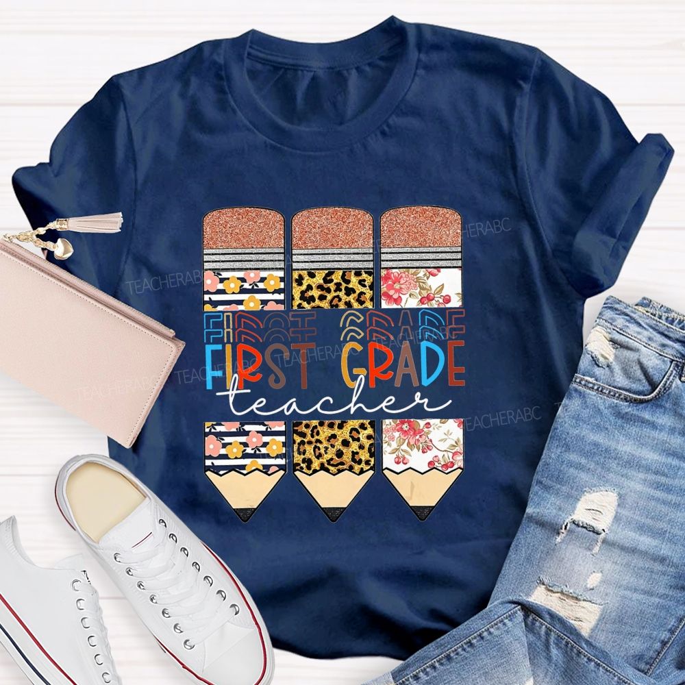 Personalized Grade Floral Leopard Pencils First Grade Teacher T-shirt