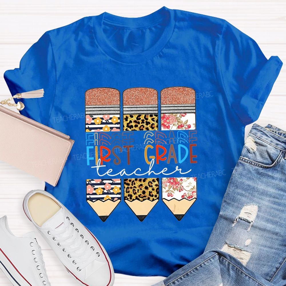 Personalized Grade Floral Leopard Pencils First Grade Teacher T-shirt