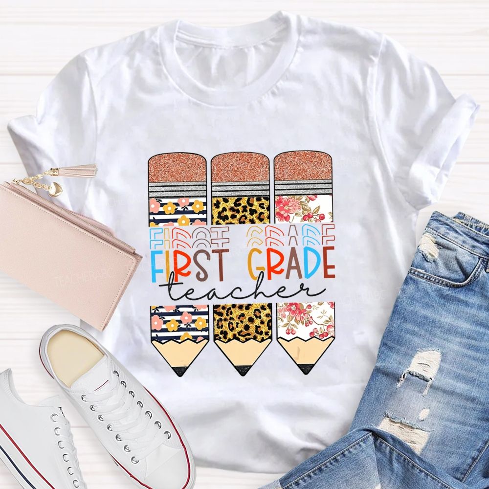 Personalized Grade Floral Leopard Pencils First Grade Teacher T-shirt