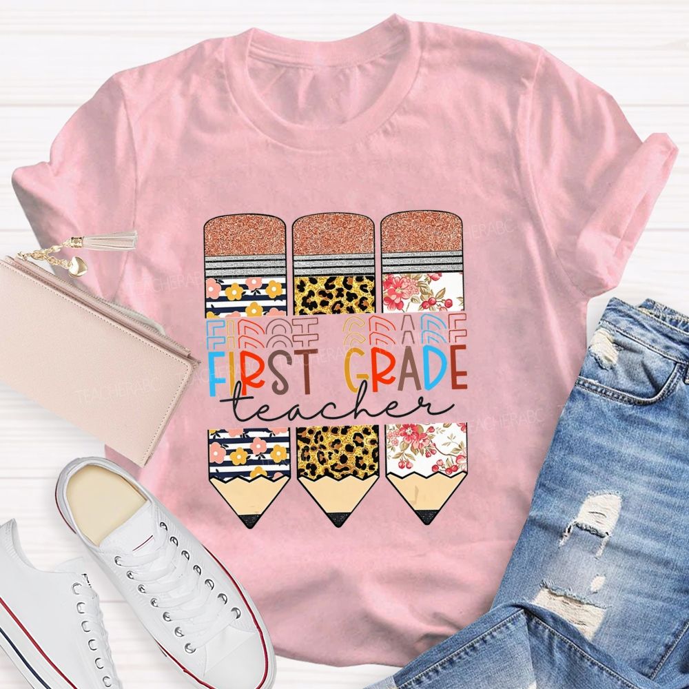 Personalized Grade Floral Leopard Pencils First Grade Teacher T-shirt