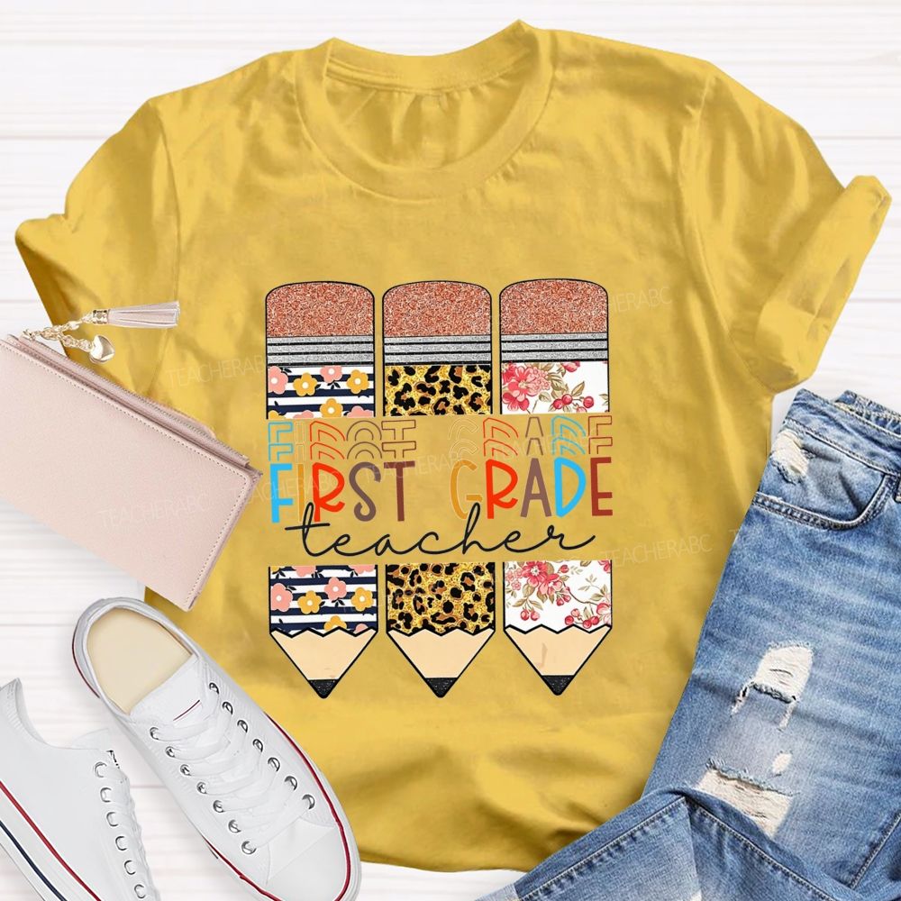 Personalized Grade Floral Leopard Pencils First Grade Teacher T-shirt
