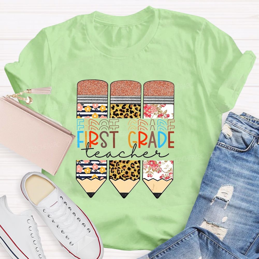 Personalized Grade Floral Leopard Pencils First Grade Teacher T-shirt