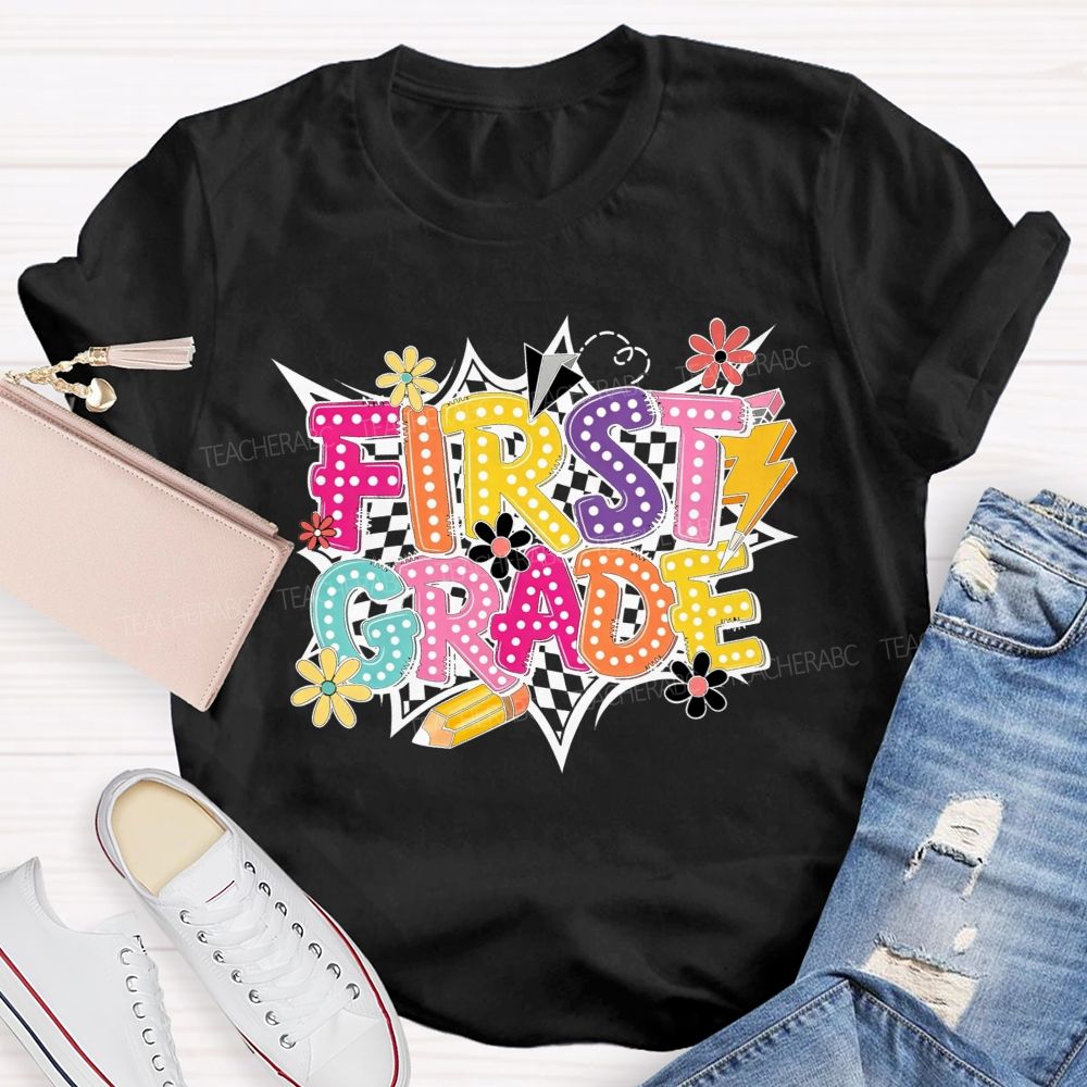 Personalized Grade First Grade Checkerboard Daisy Lightning Pencil Paper Plane Teacher T-shirt