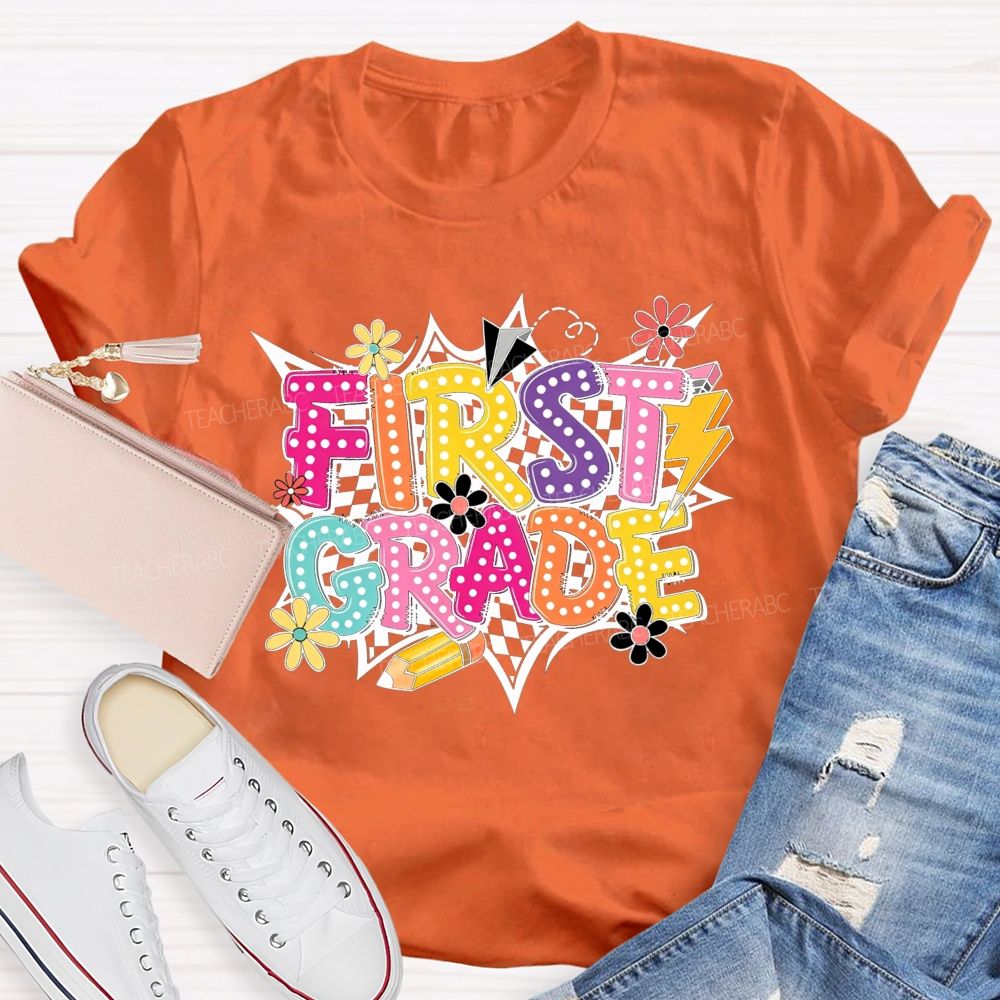 Personalized Grade First Grade Checkerboard Daisy Lightning Pencil Paper Plane Teacher T-shirt