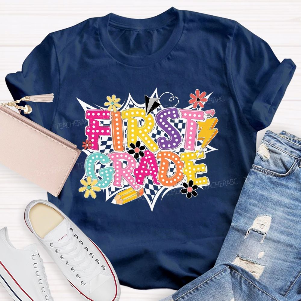 Personalized Grade First Grade Checkerboard Daisy Lightning Pencil Paper Plane Teacher T-shirt