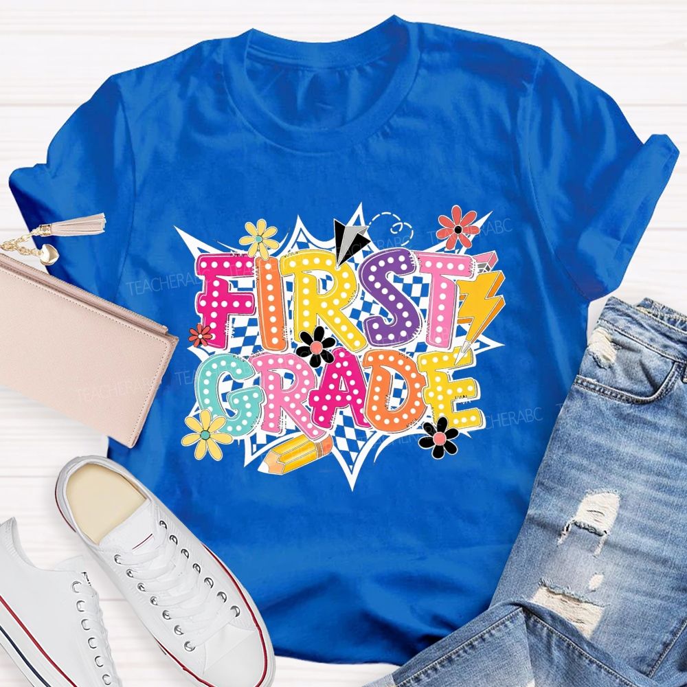 Personalized Grade First Grade Checkerboard Daisy Lightning Pencil Paper Plane Teacher T-shirt