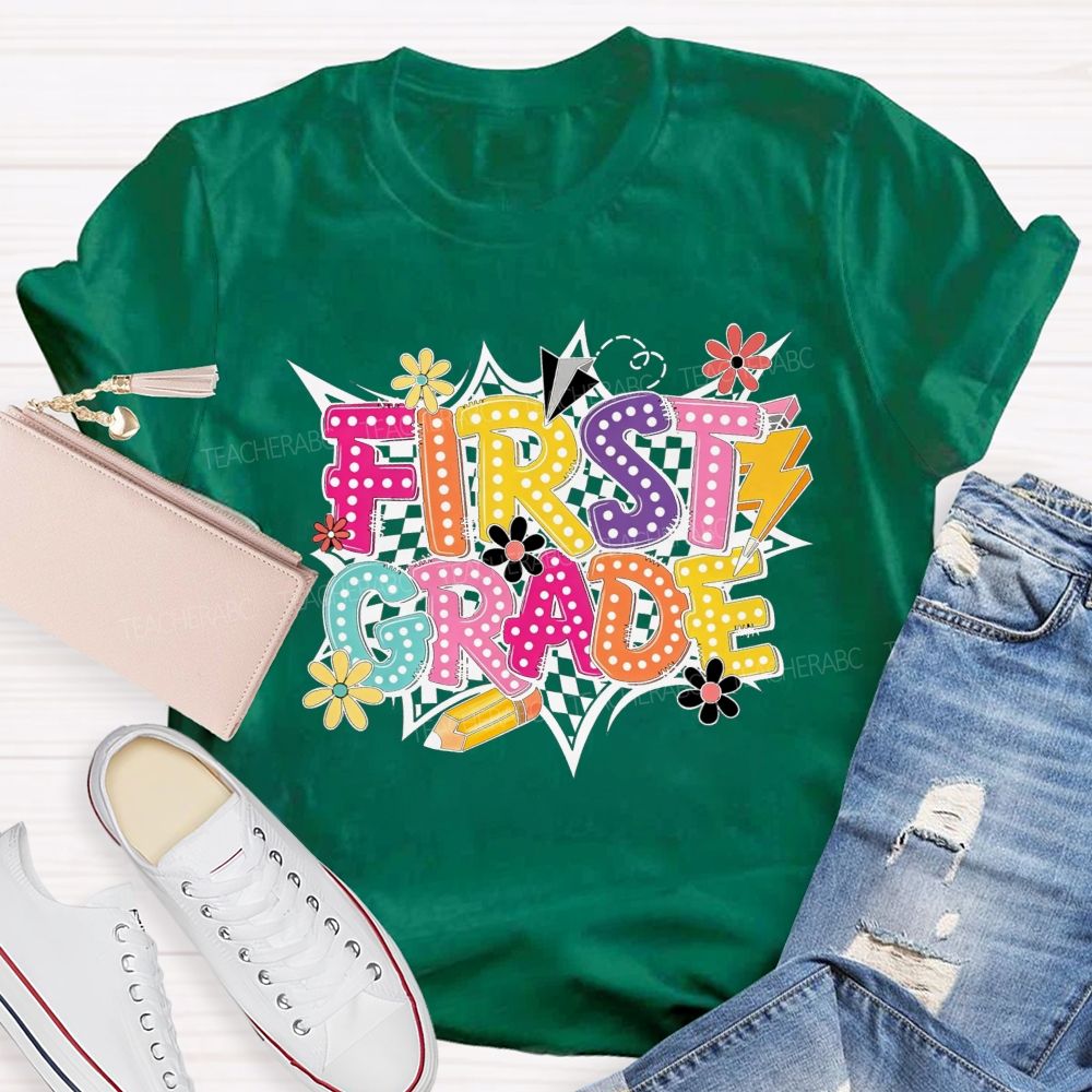 Personalized Grade First Grade Checkerboard Daisy Lightning Pencil Paper Plane Teacher T-shirt