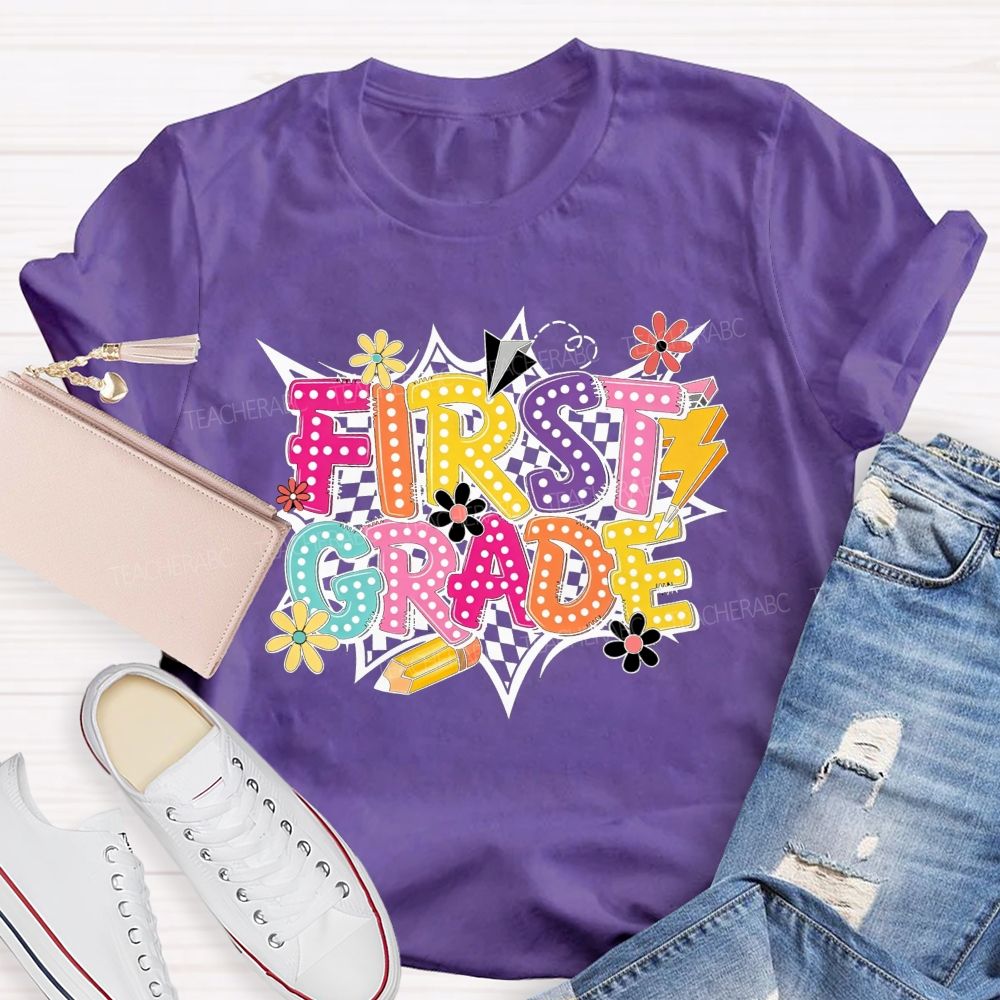 Personalized Grade First Grade Checkerboard Daisy Lightning Pencil Paper Plane Teacher T-shirt