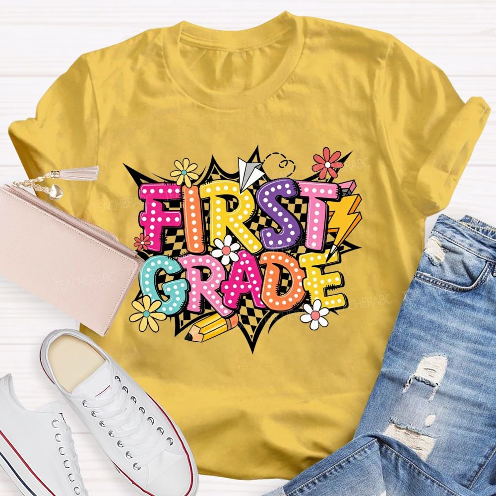 Personalized Grade First Grade Checkerboard Daisy Lightning Pencil Paper Plane Teacher T-shirt