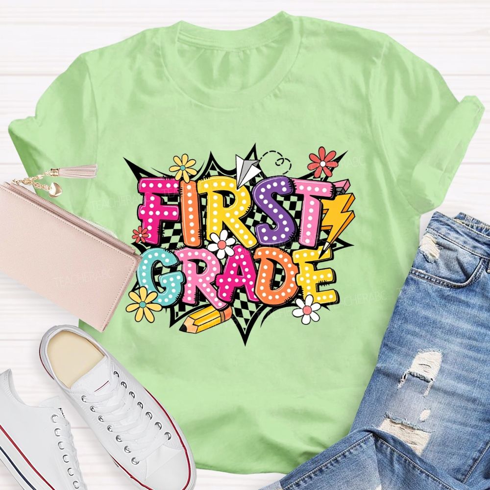 Personalized Grade First Grade Checkerboard Daisy Lightning Pencil Paper Plane Teacher T-shirt