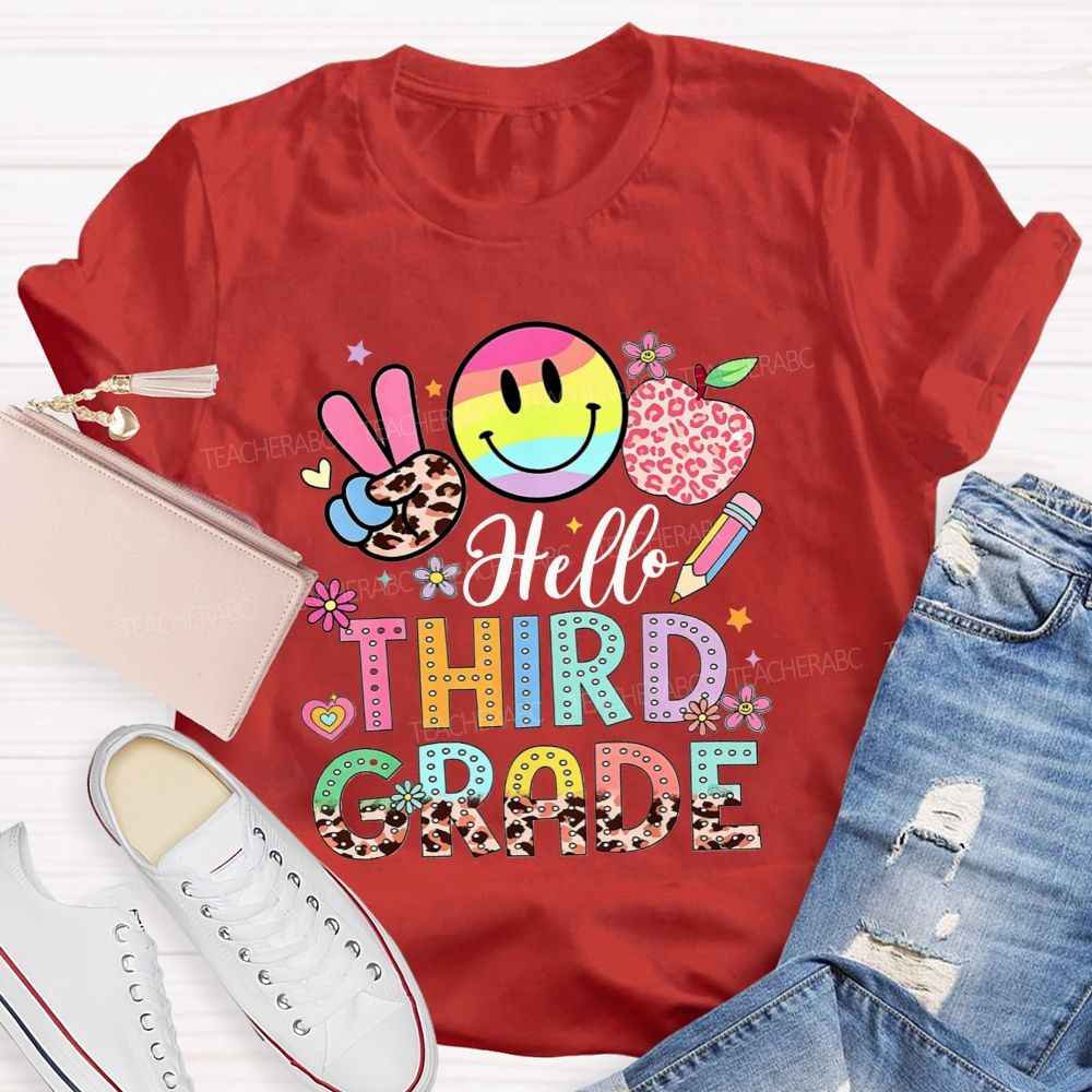 Personalized Grade Hello Third Grade Rainbow Tie Dye Smiley Leopard Teacher T-shirt