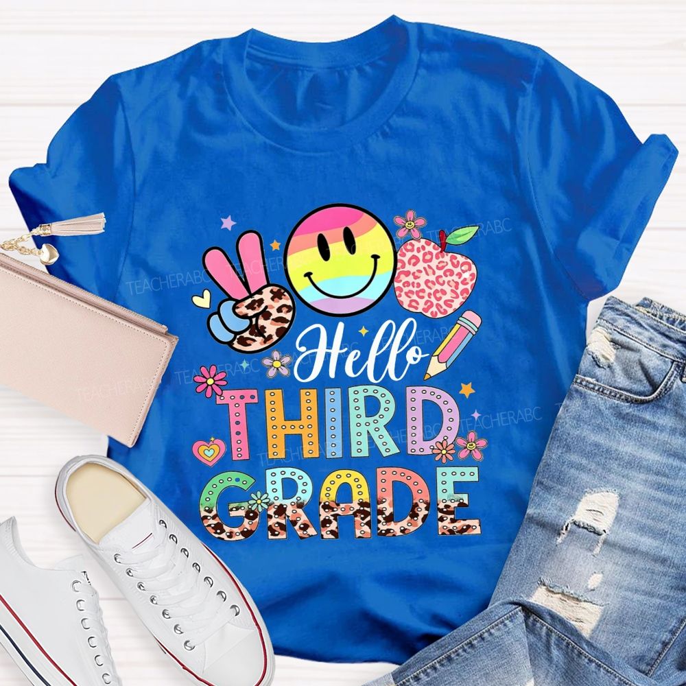 Personalized Grade Hello Third Grade Rainbow Tie Dye Smiley Leopard Teacher T-shirt