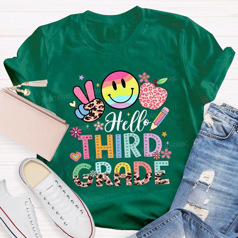 Personalized Grade Hello Third Grade Rainbow Tie Dye Smiley Leopard Teacher T-shirt