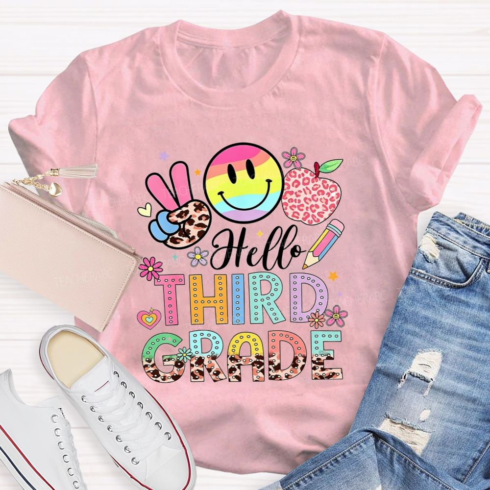 Personalized Grade Hello Third Grade Rainbow Tie Dye Smiley Leopard Teacher T-shirt