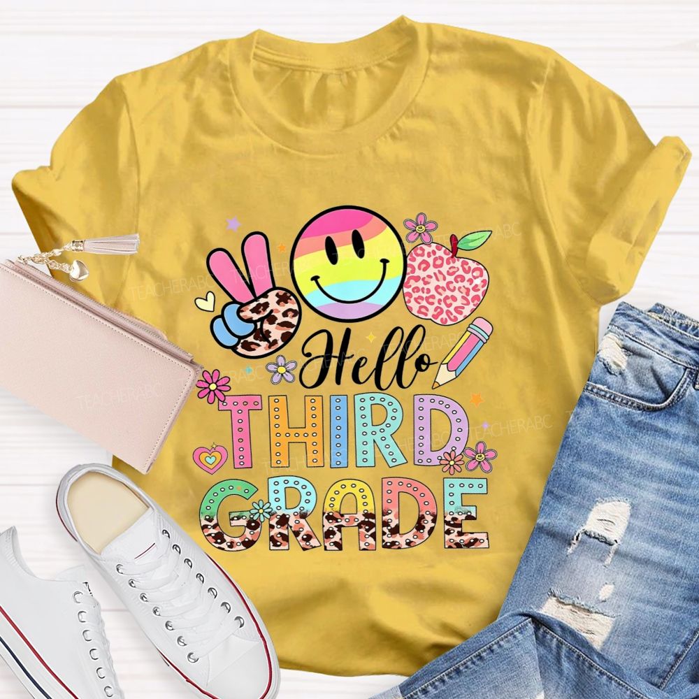 Personalized Grade Hello Third Grade Rainbow Tie Dye Smiley Leopard Teacher T-shirt
