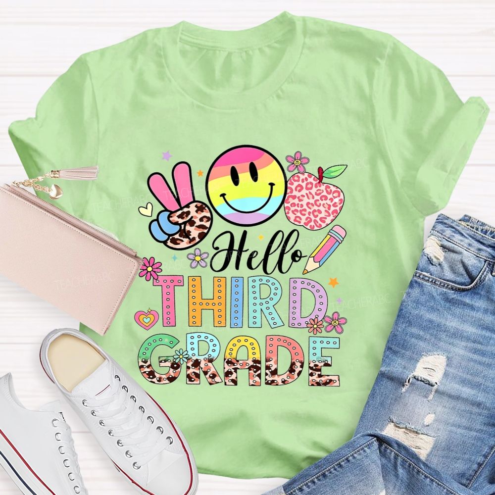 Personalized Grade Hello Third Grade Rainbow Tie Dye Smiley Leopard Teacher T-shirt