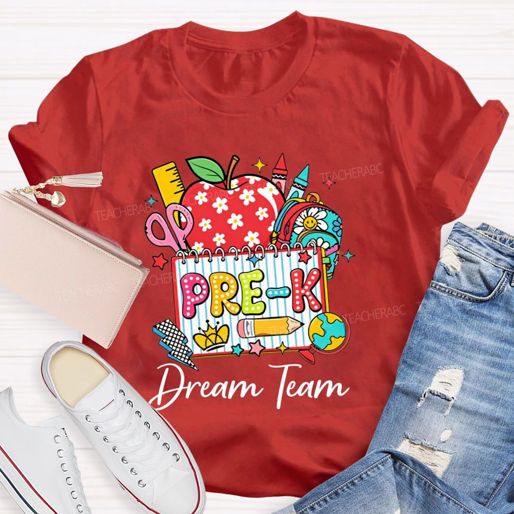Personalized Grade Pre-K Dream Team Doodle Apple Backpack Crayon Globe Notebook Teacher T-shirt
