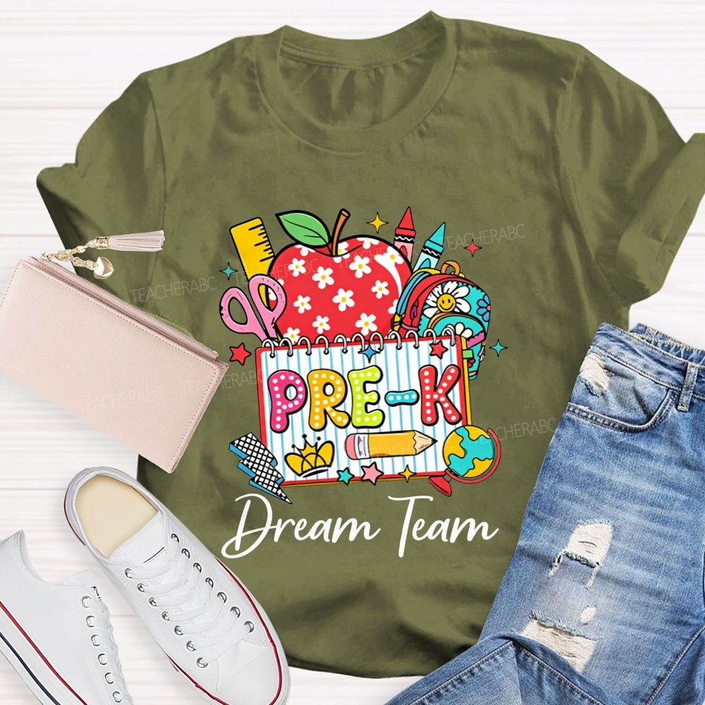 Personalized Grade Pre-K Dream Team Doodle Apple Backpack Crayon Globe Notebook Teacher T-shirt