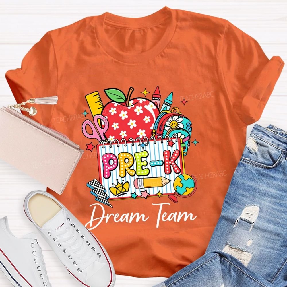 Personalized Grade Pre-K Dream Team Doodle Apple Backpack Crayon Globe Notebook Teacher T-shirt