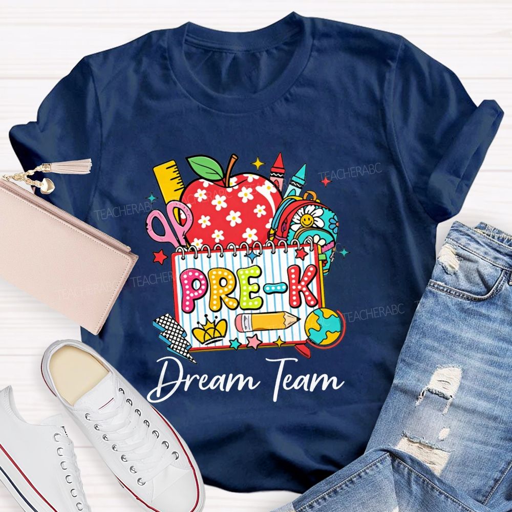 Personalized Grade Pre-K Dream Team Doodle Apple Backpack Crayon Globe Notebook Teacher T-shirt