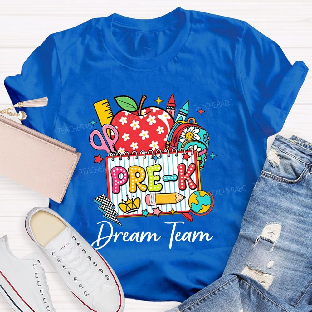 Personalized Grade Pre-K Dream Team Doodle Apple Backpack Crayon Globe Notebook Teacher T-shirt