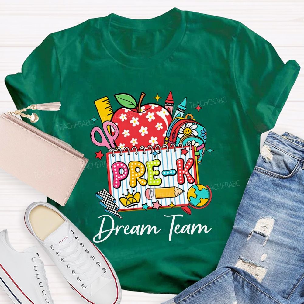 Personalized Grade Pre-K Dream Team Doodle Apple Backpack Crayon Globe Notebook Teacher T-shirt