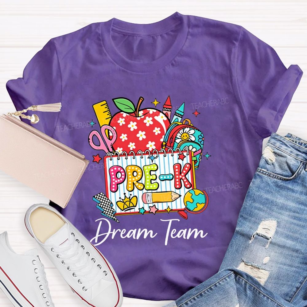 Personalized Grade Pre-K Dream Team Doodle Apple Backpack Crayon Globe Notebook Teacher T-shirt