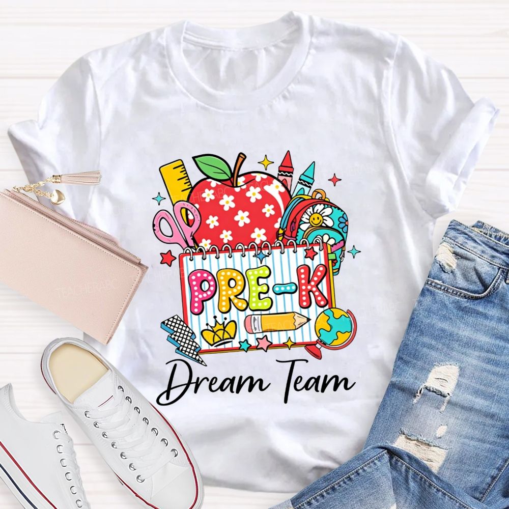 Personalized Grade Pre-K Dream Team Doodle Apple Backpack Crayon Globe Notebook Teacher T-shirt