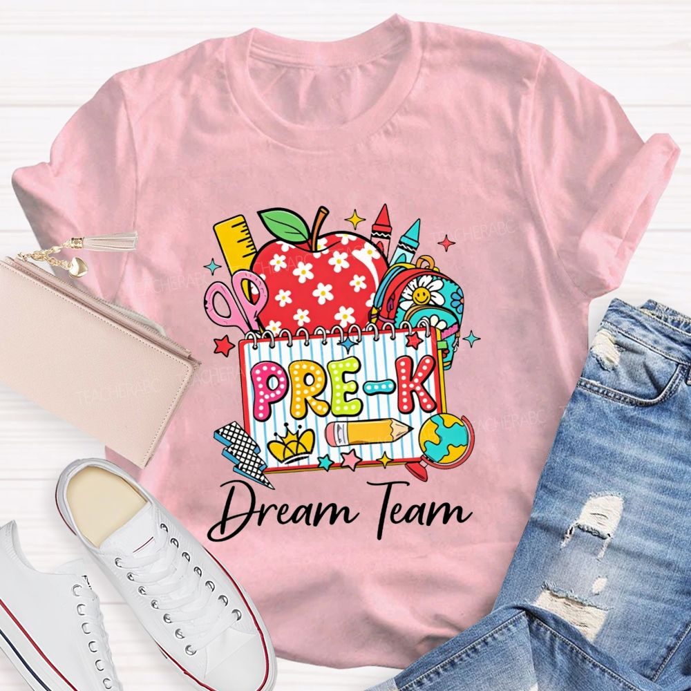 Personalized Grade Pre-K Dream Team Doodle Apple Backpack Crayon Globe Notebook Teacher T-shirt